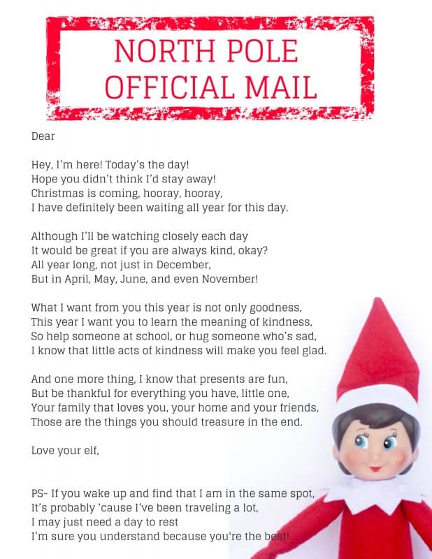 This Elf on the Shelf arrival letter welcomes your elf back and sends a message of kindness and thankfulness.