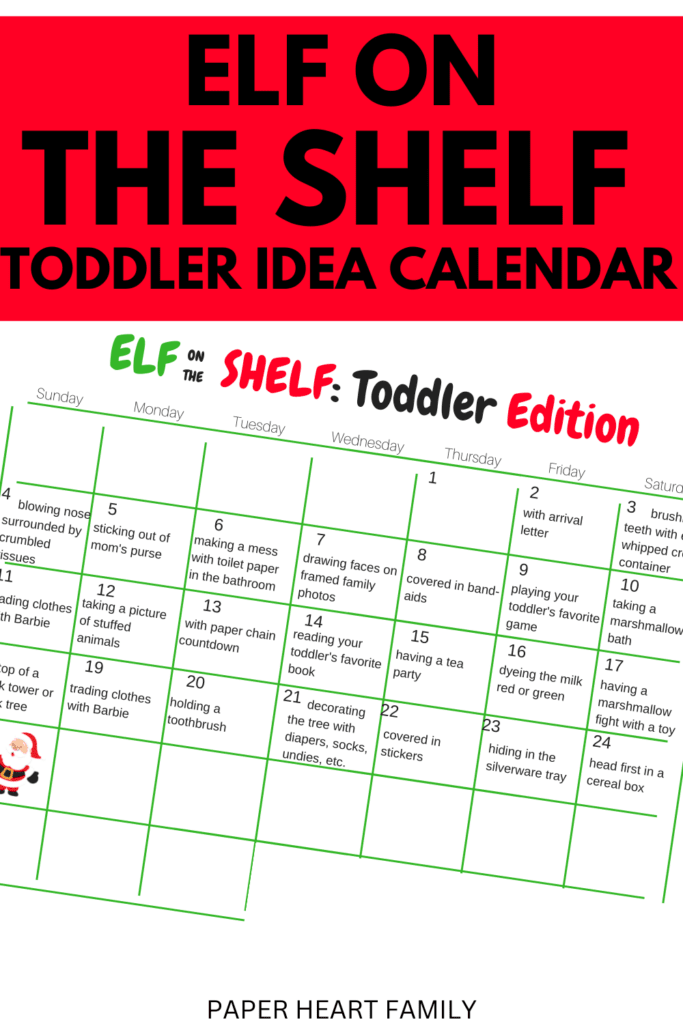 Elf on the Shelf Toddler Idea Calendar