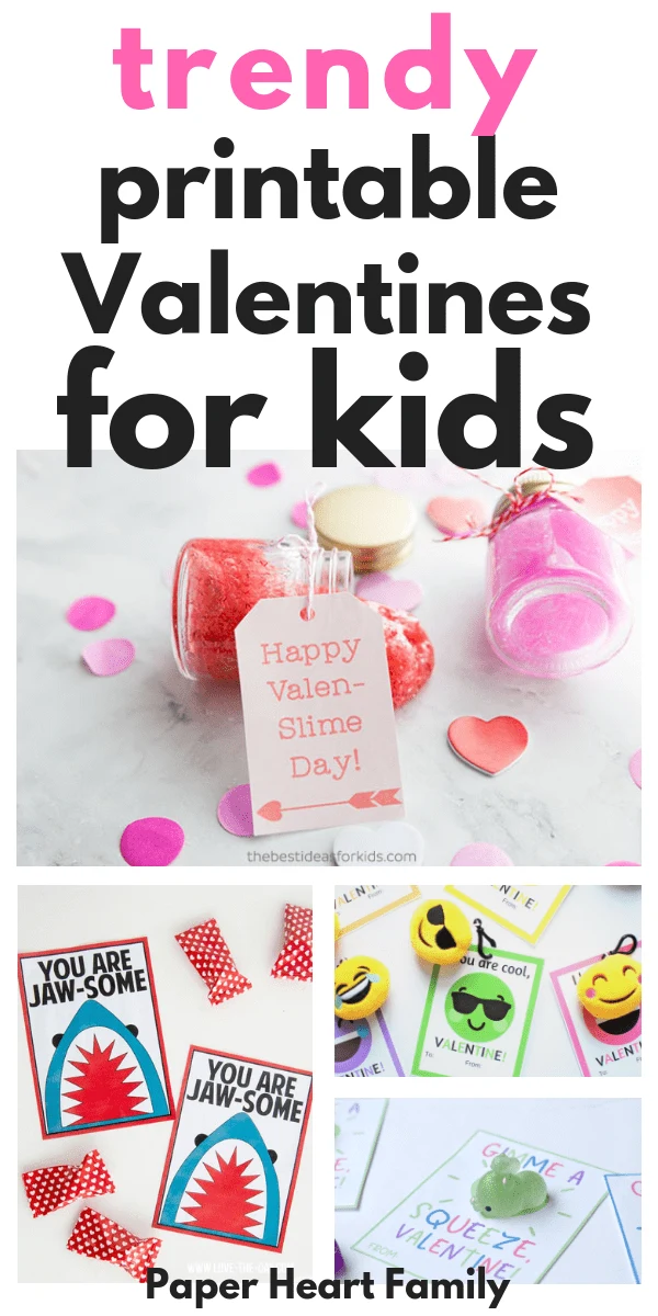 Valentine card printables that kids will love, featuring super trendy cards like sharks, fun glasses, slime, unicorns, emojis, squishies and more.