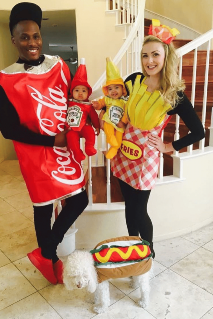 Dad as Coca Cola, mom as fries and twin babies as ketchup and mustard