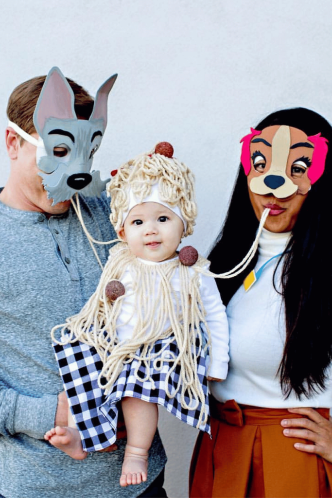 Mom and dad as lady and the tramp and the baby as spaghetti and meatballs