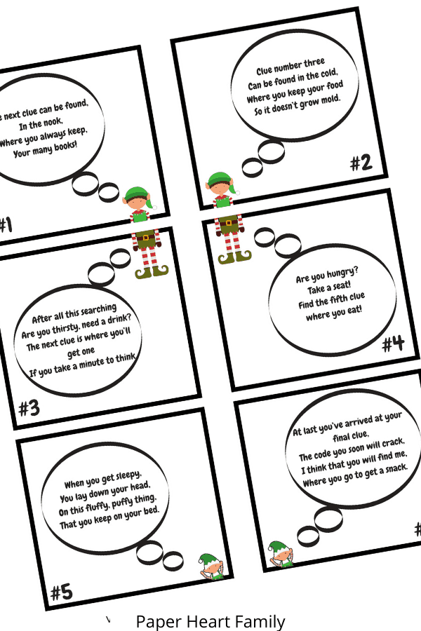 Elf on the Shelf scavenger hunt riddles- free printable