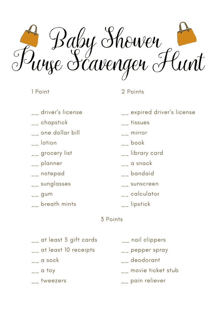 Baby Shower Purse Scavenger Hunt