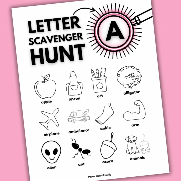 Printable Letter A Scavenger Hunt - child will find an apple, art, alligator, airplane, ankle, arm, alien, ant, acorn and animal.