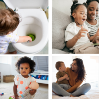 Young children playing and cleaning