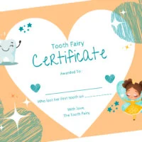 Tooth fairy certificate with orange background, blue hearts and a dark skinned tooth fairy with brown hair