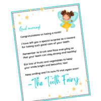 Tooth Fairy letter with black tooth fairy wearing yellow dress with blue wings