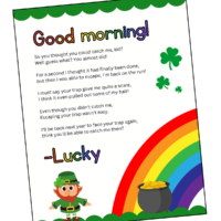 Leprechaun letter with green scalloped design, leprechaun, rainbow and pot of gold