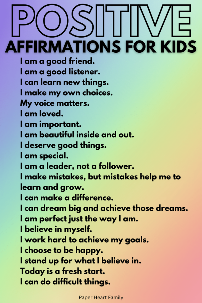 List Of Positive Affirmations For Kids