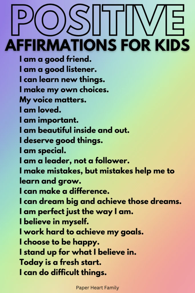 List Of Positive Affirmations For Kids