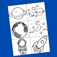 Space things to draw: saturn, planets, earth, moon and stars, astronaut and spaceship.