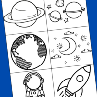 Space things to draw: saturn, planets, earth, moon and stars, astronaut and spaceship.