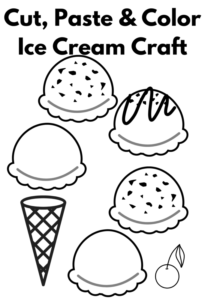 Ice cream craft template with separate cone, scoops and cherry- black and white to be colored