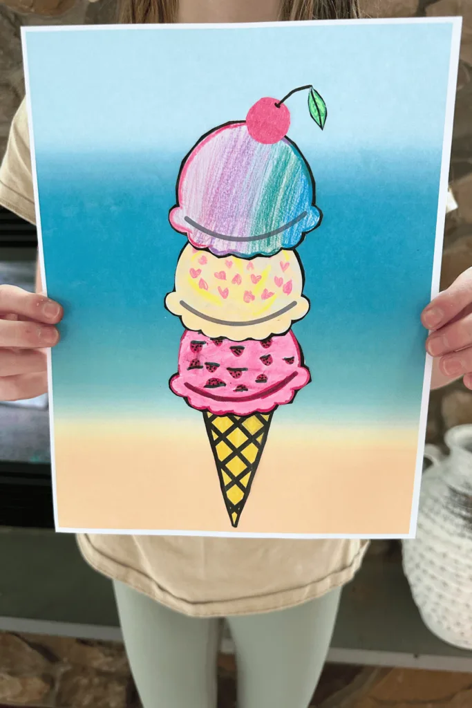Completed craft with tie dye ice cream and watermelon sprinkles
