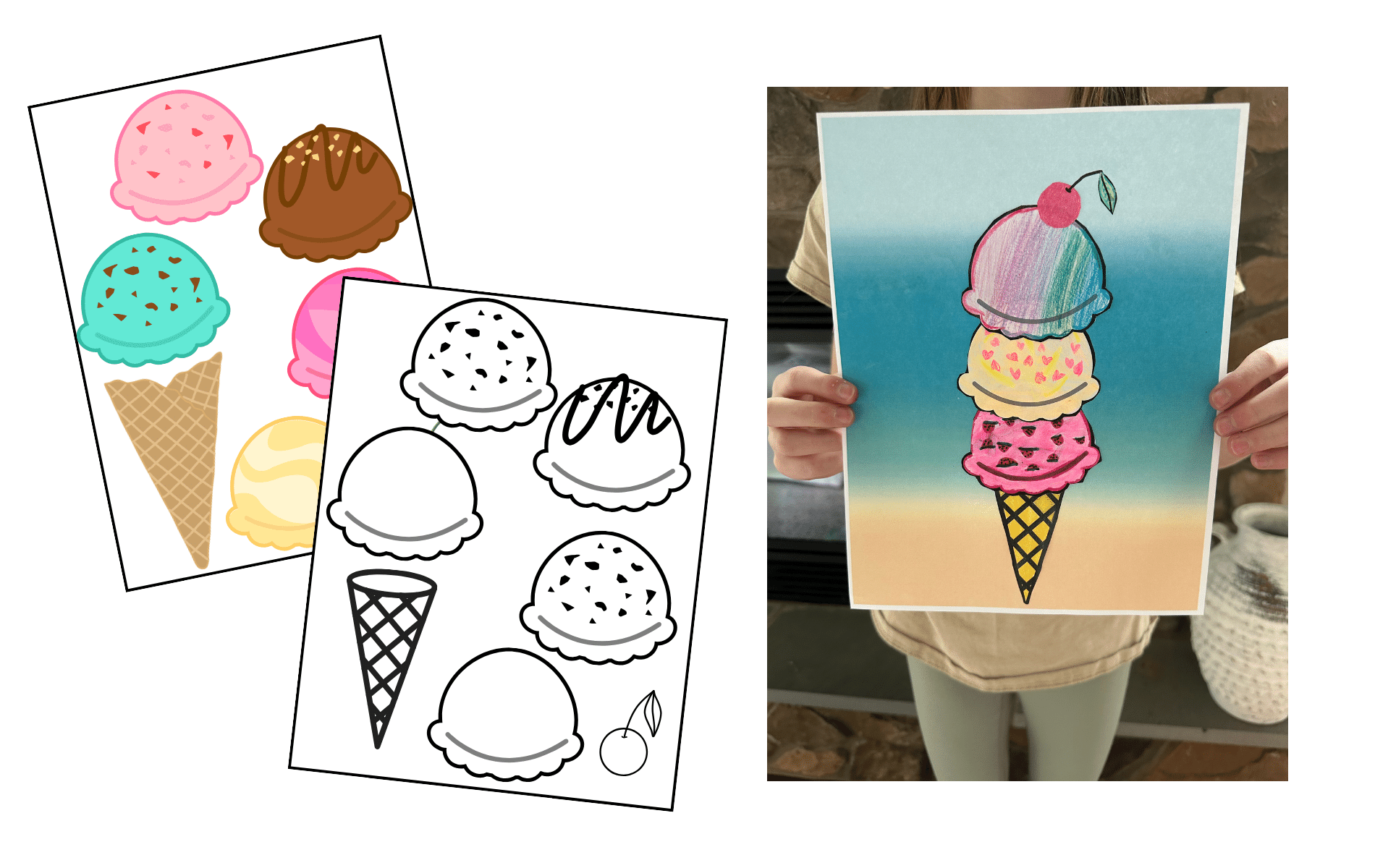 Black and white and colored version of cut and paste ice cream craft