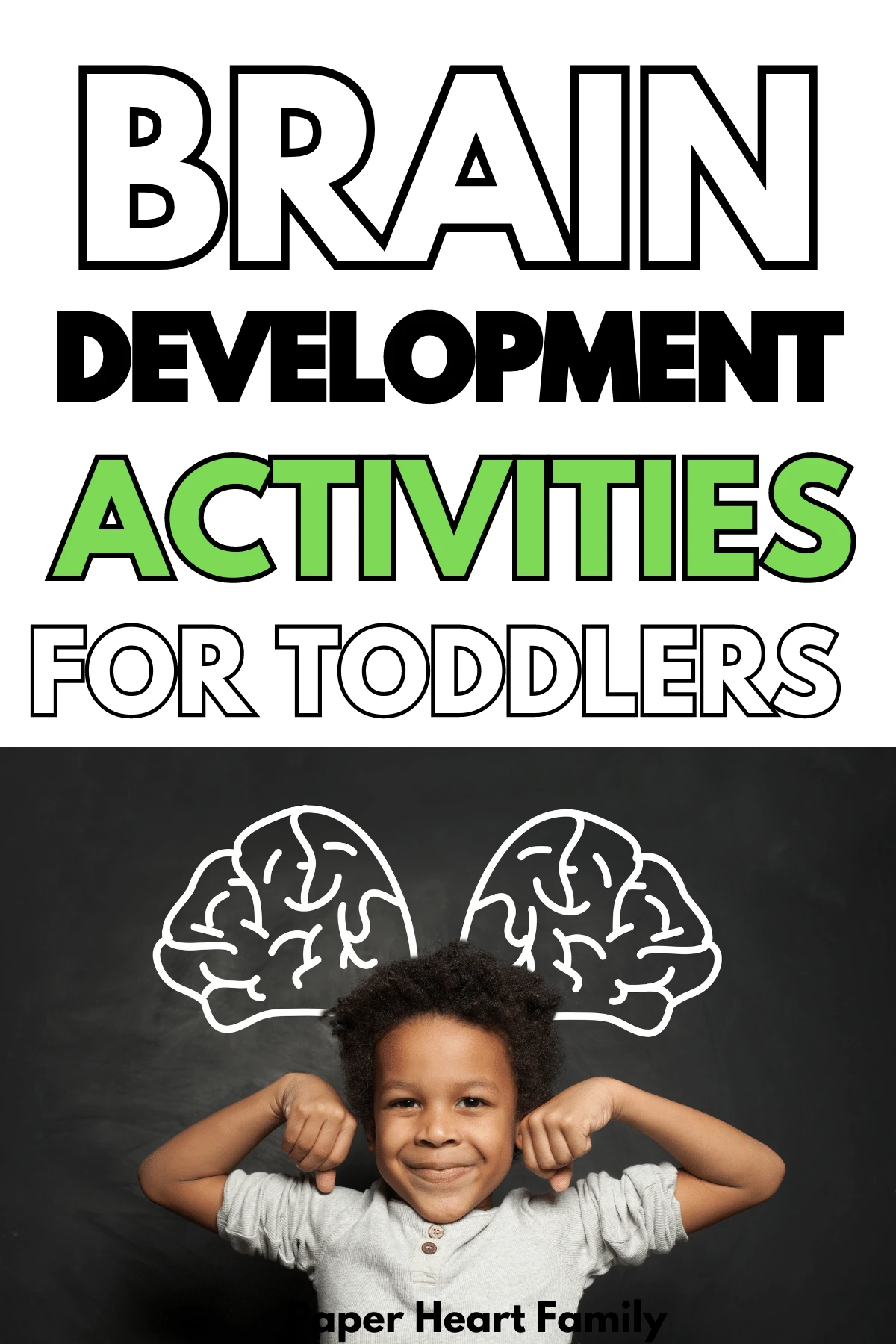 Little boy flexing his muscles with a brain drawn in chalk behind him