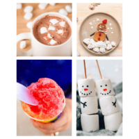 Hot chocolate, marshmallow snowmen, snow cones and snowman pancakes