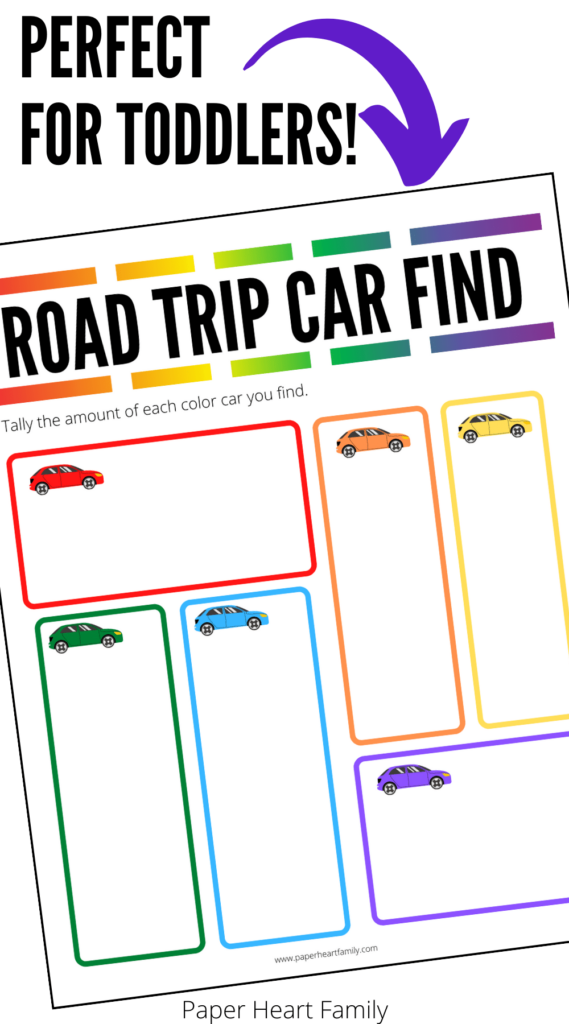 Printable where toddler can tally the amount of red, orange, yellow, green, blue and purple cars they see on a road trip.