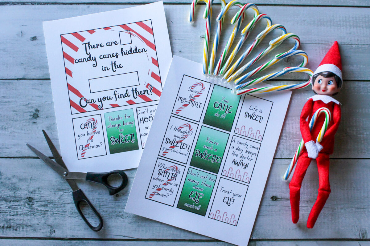 Candy cane hunt supplies: printable, Elf on the Shelf, scissors and candy canes