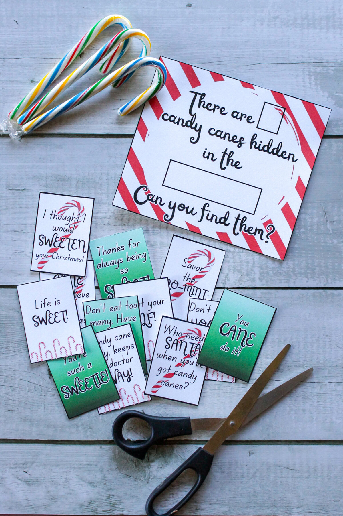 Printable candy cane hunt with 12 candy cane tags