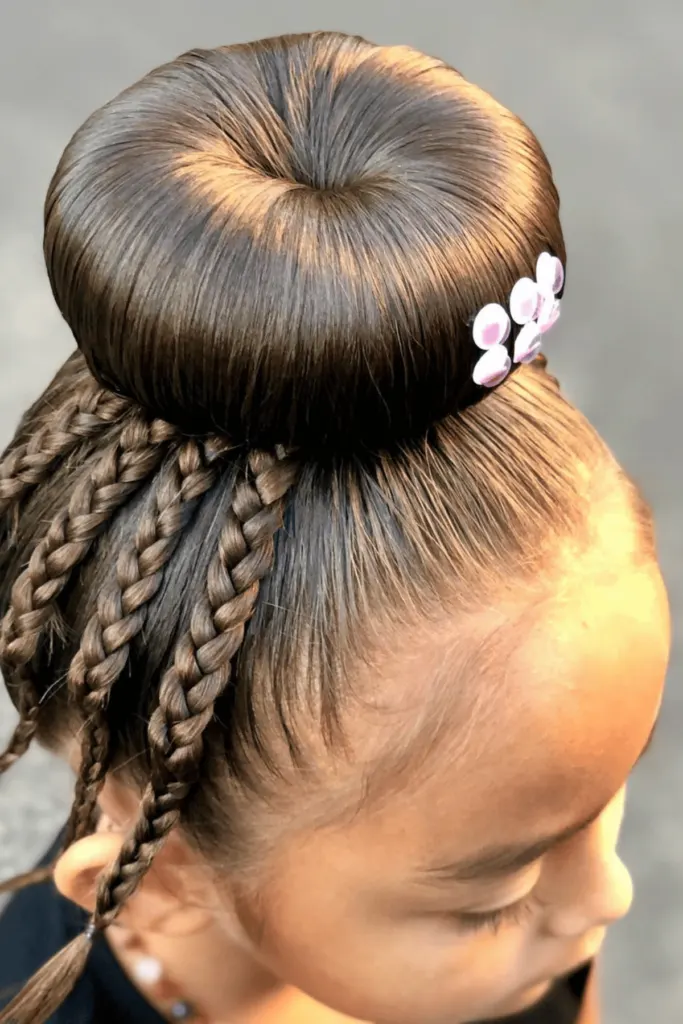 Bun at the top of girl's head with eight braided legs and googly eyes