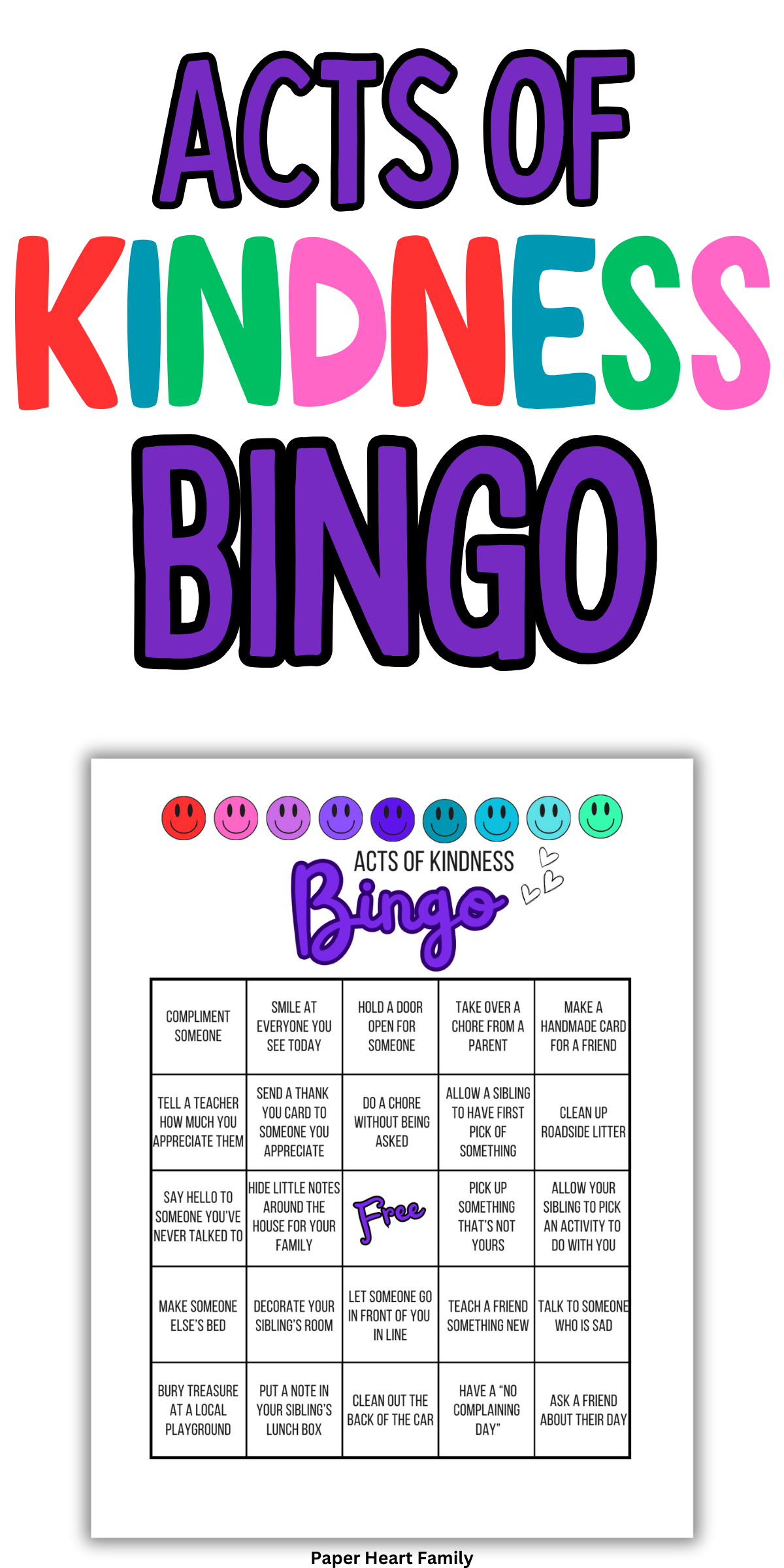 Acts of Kindness BINGO game for kids