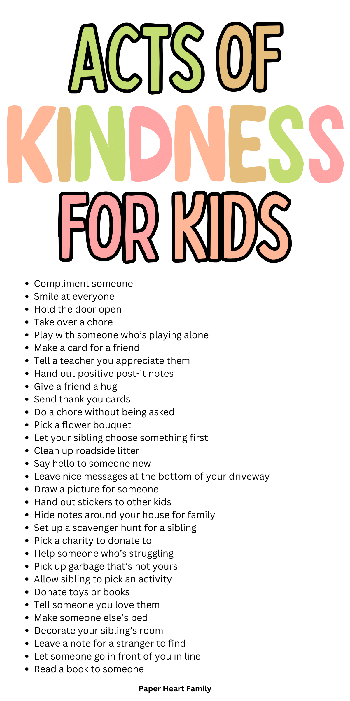 List of acts of kindness ideas for kids