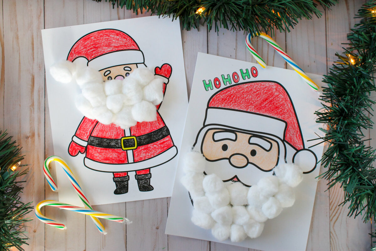 Finished Santa crafts colored and with cotton ball beards