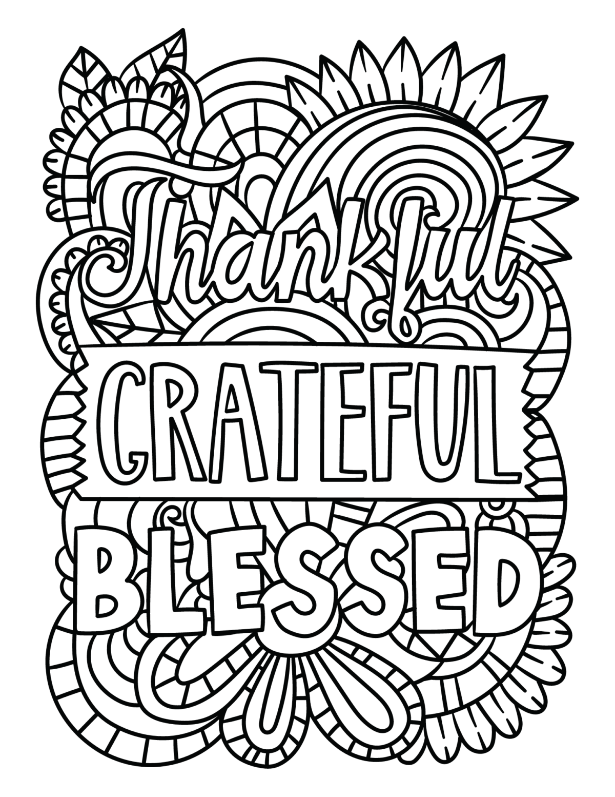 Coloring page that says thankful, grateful, blessed