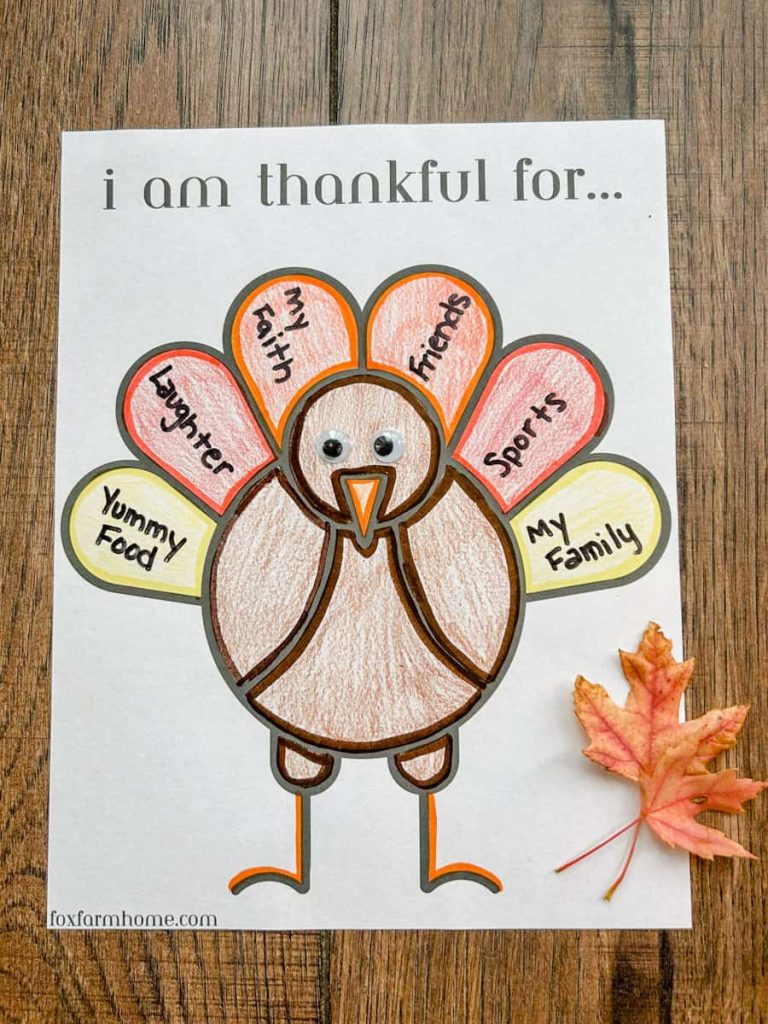 Printable turkey to color and write something you're thankful for on each feather