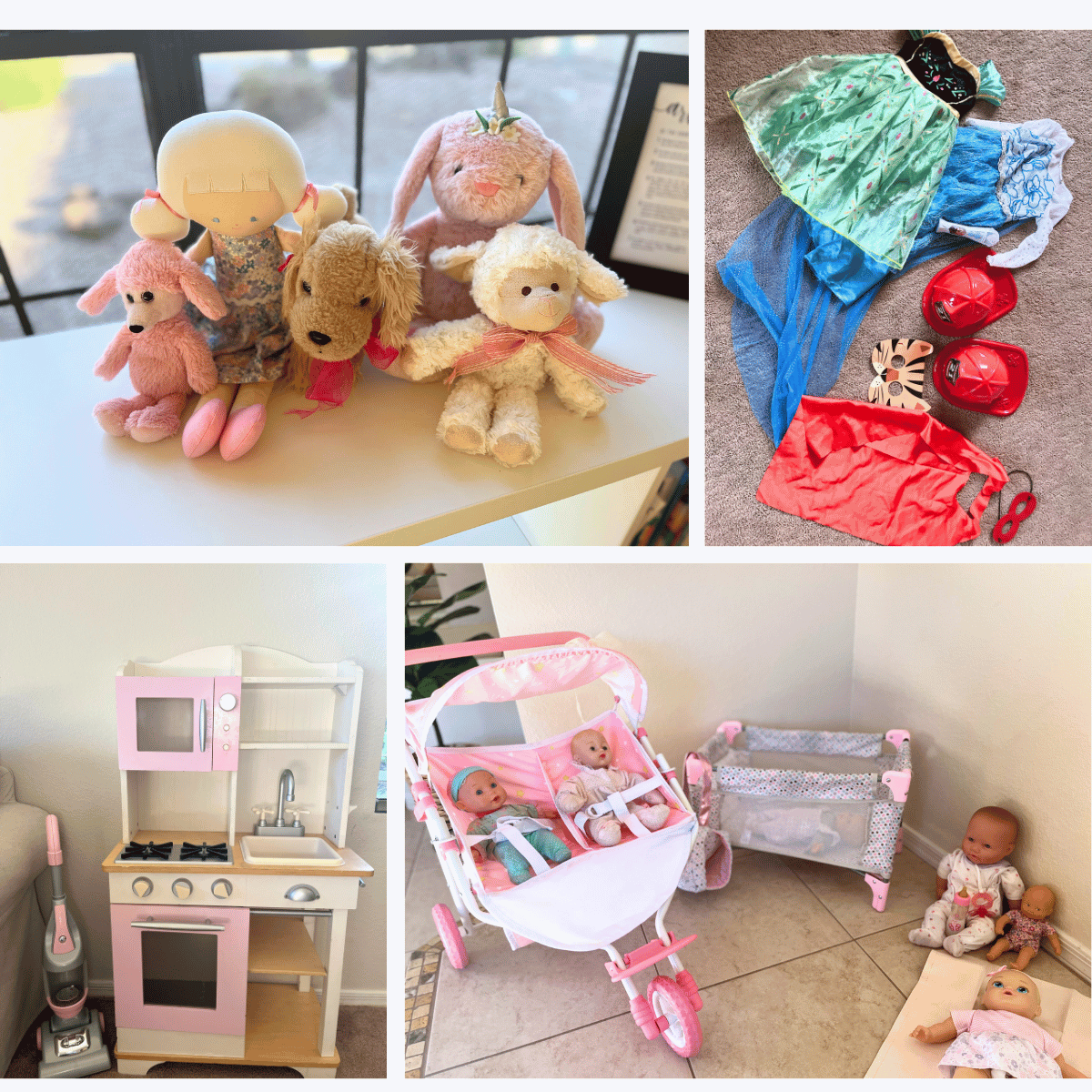 stuffed animals, dress up clothes, play kitchen and doll accessories