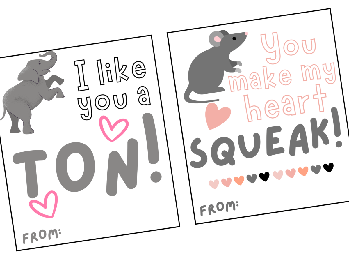 Animal Valentines with punny sayings: I like you a ton, You make my heart squeak.