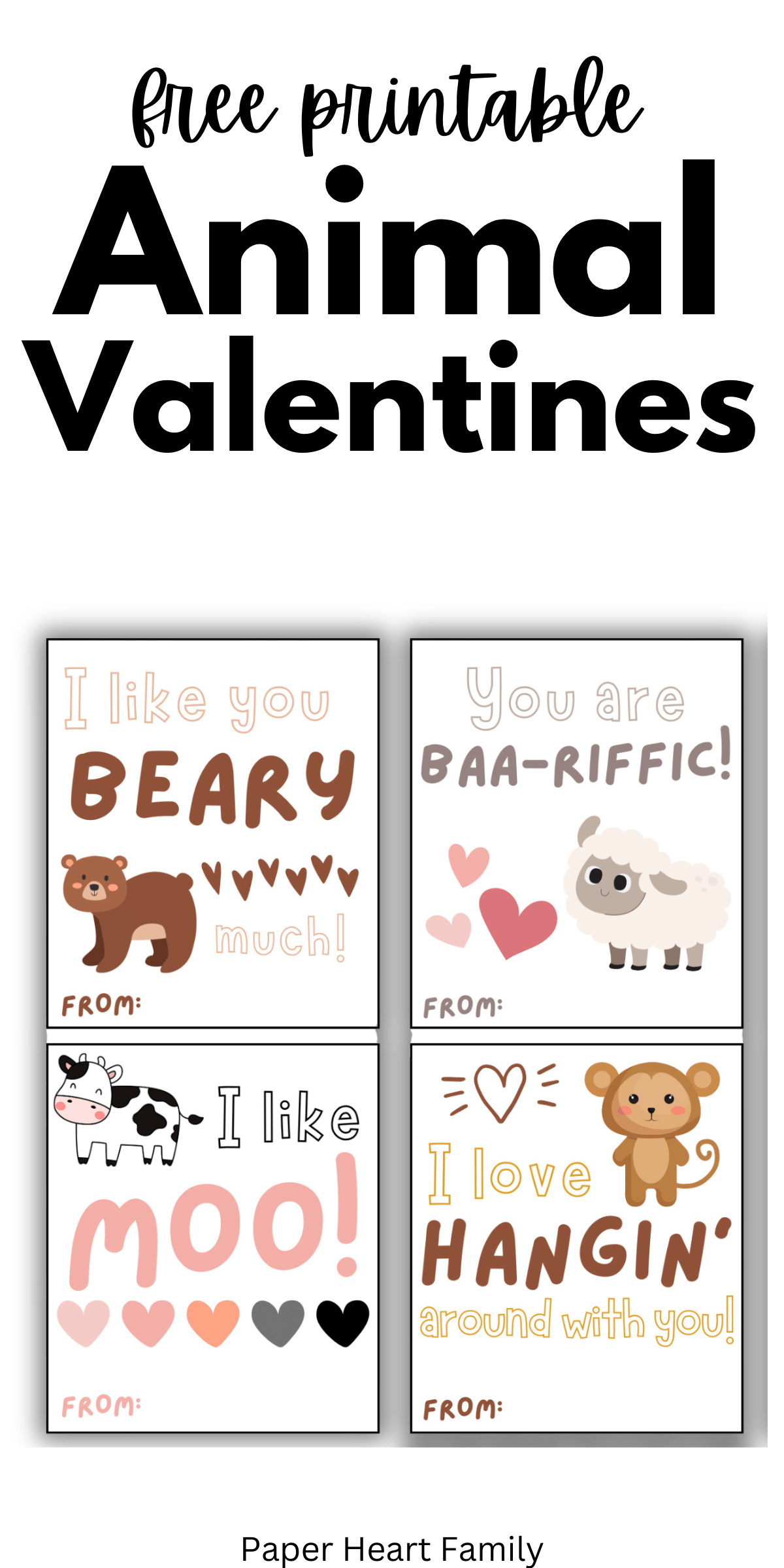 Bear, Sheep, Cow and Monkey Valentines with punny sayings