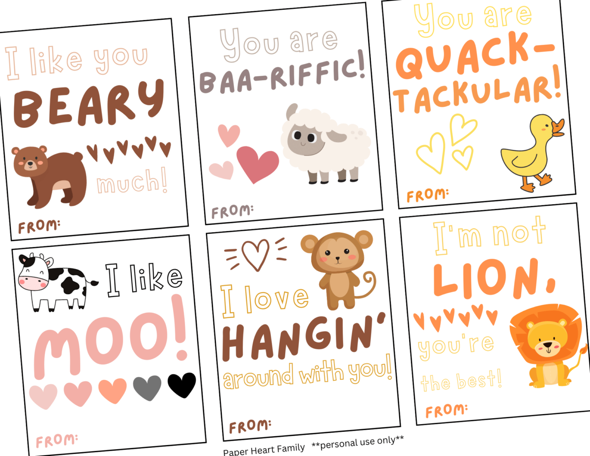 Valentines with animal sayings: I love you beary much, You are baaa-rific, You're quacktackular, I like mooo.