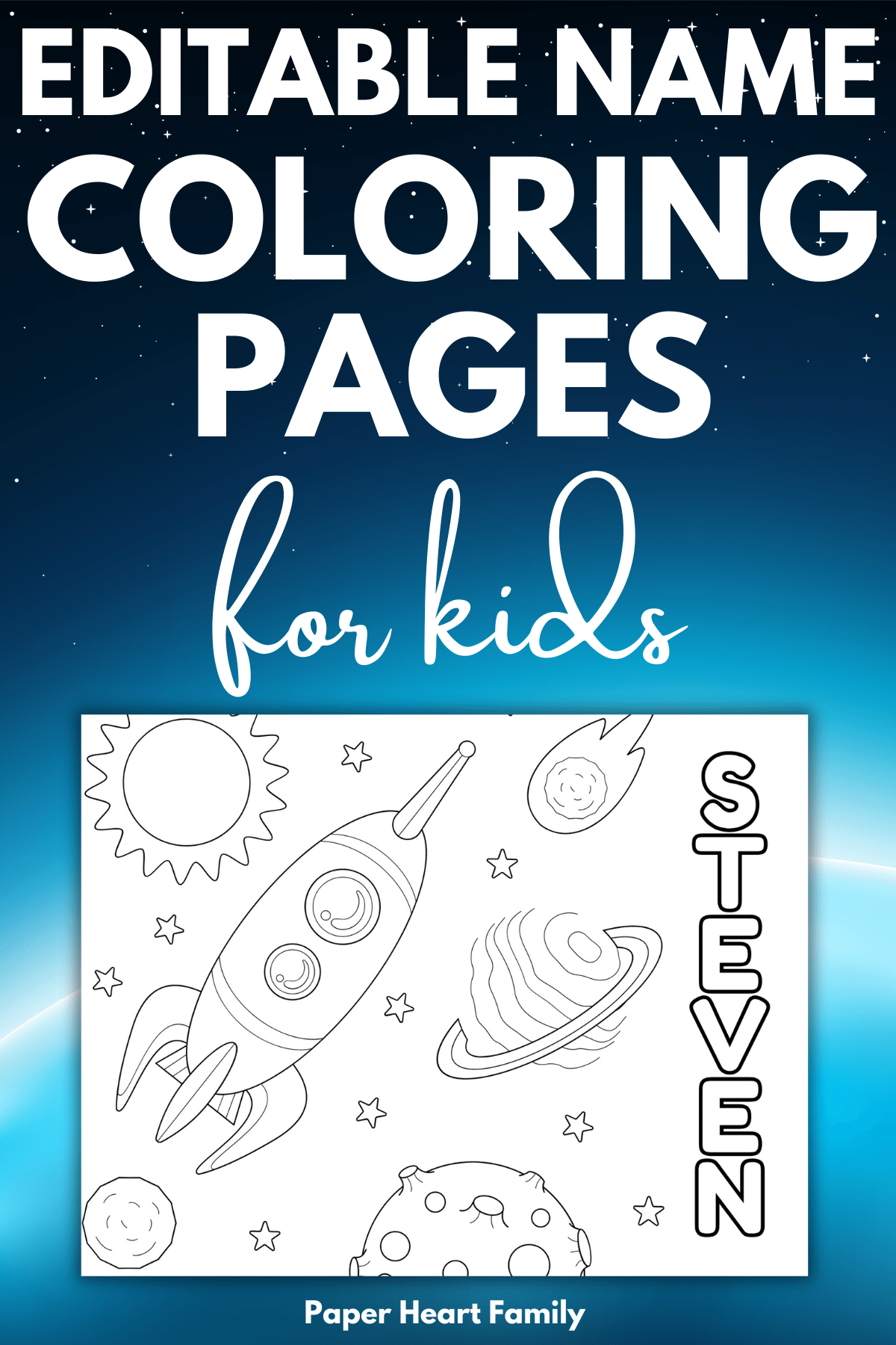 Outer space coloring page with name Steven