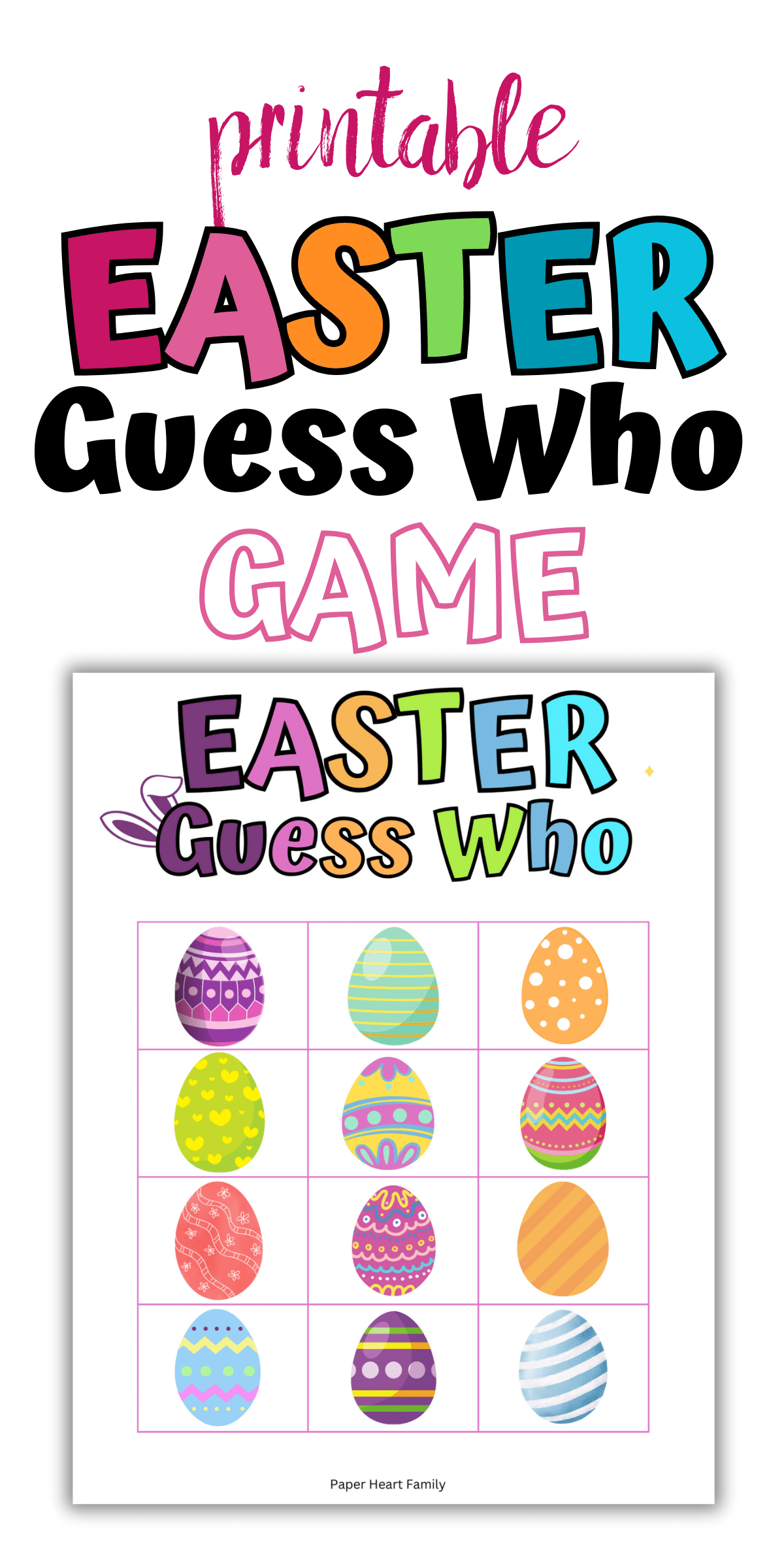 Guess Who game featuring Easter eggs with different colors and patterns