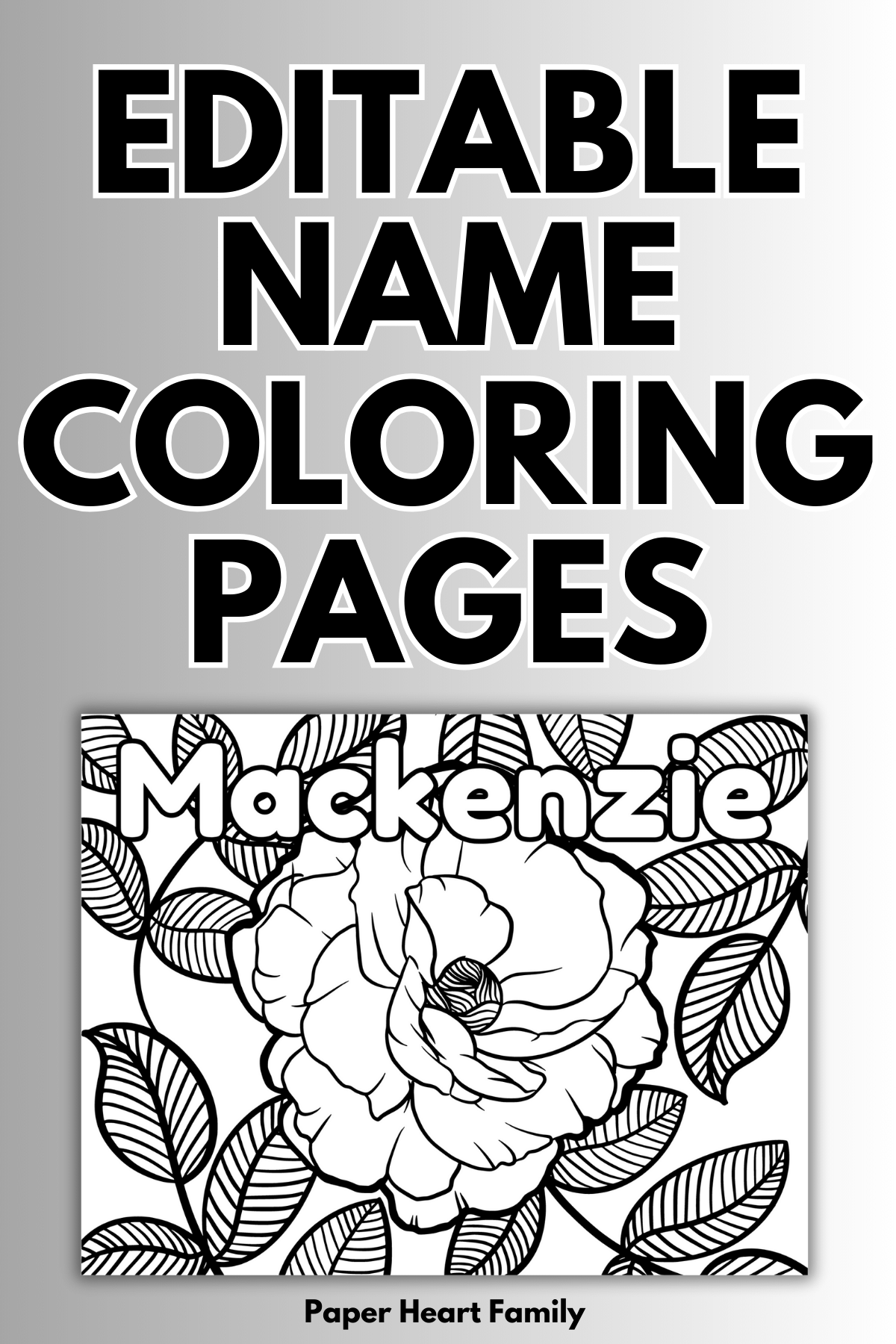 Coloring page with large flower and leaves and name Mackenzie