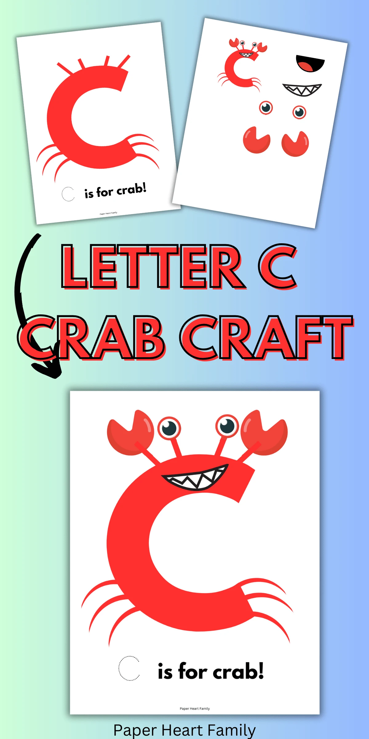 Crab craft with cut and paste pinchers, eyes and mouth.