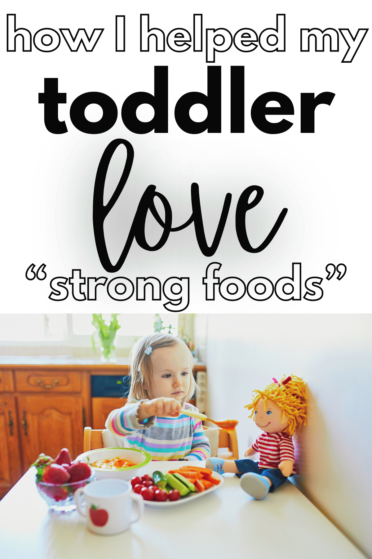 Girl feeding vegetables to her teddy and herself