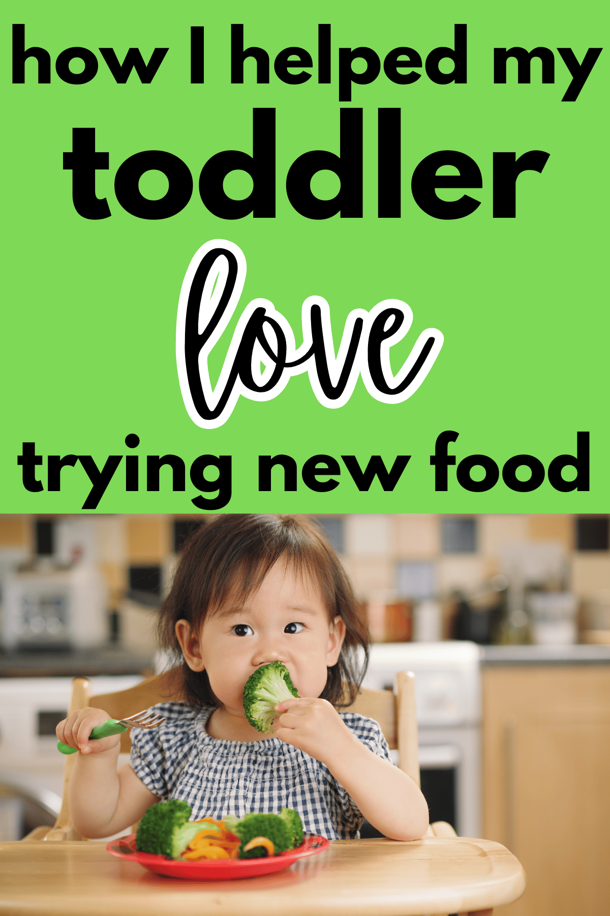 Asian girl toddler eating broccoli