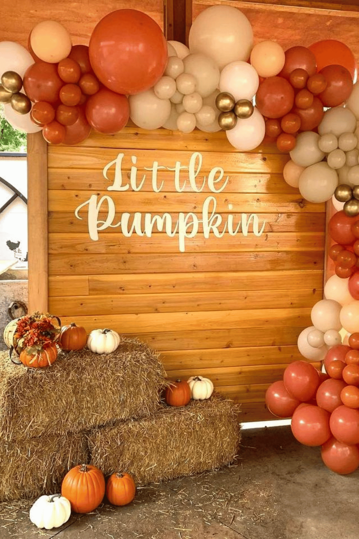 theme with hay, pumpkins and orange balloons