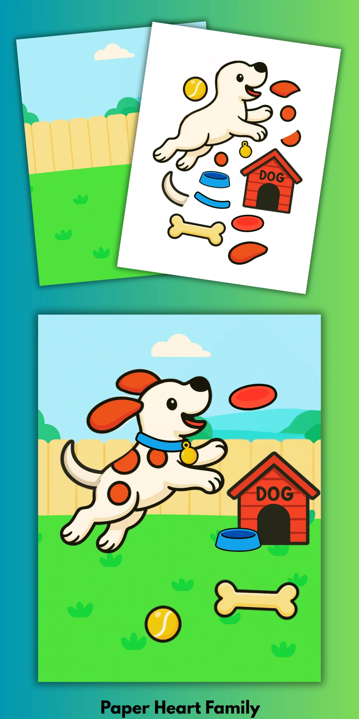 paper dog craft with dog catching frisbee in backyard